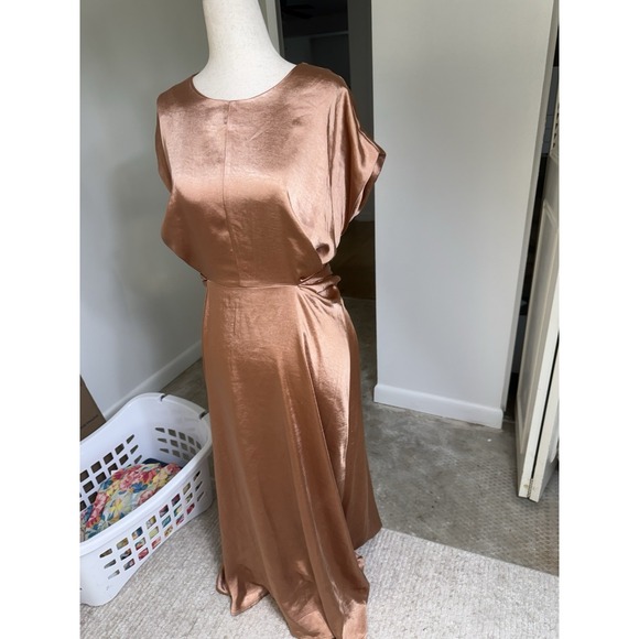 Bohme Satin Maxi Dress Copper Bronze Tie Waist Short Sleeve Medium Modest - Picture 3 of 8